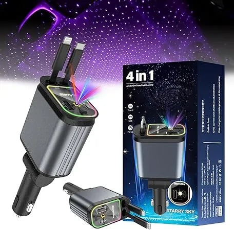 4-in-1 Starry Sky Car Charger | 66W USB-C Fast Charge, Retractable Cable, 180° Adjustable | All Devices