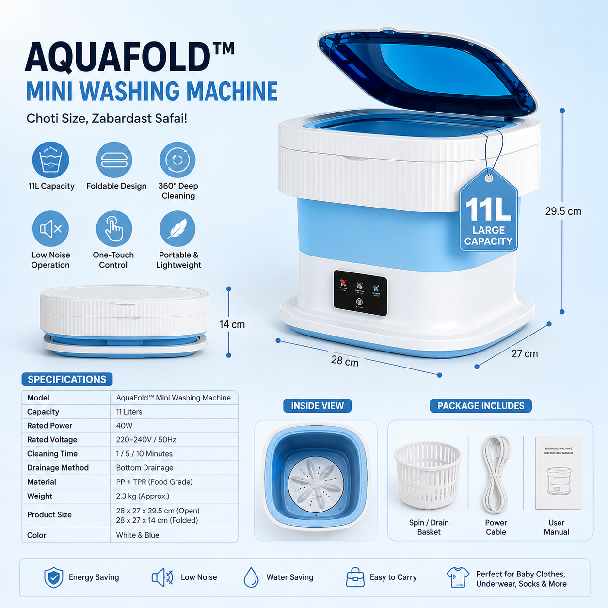 AquaFold Mini Washing Machine With Dryer | 11L Foldable Portable Washer