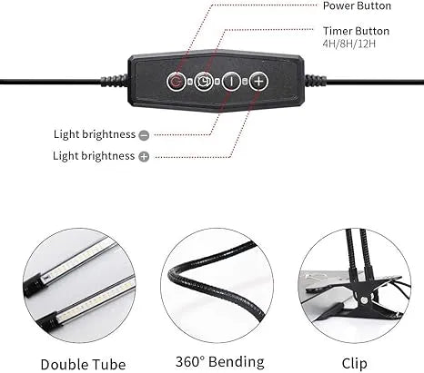 Full Spectrum Clip-On LED Plant Grow Light | 6000K, Auto Timer, 5 Brightness Levels | USB & AC Power