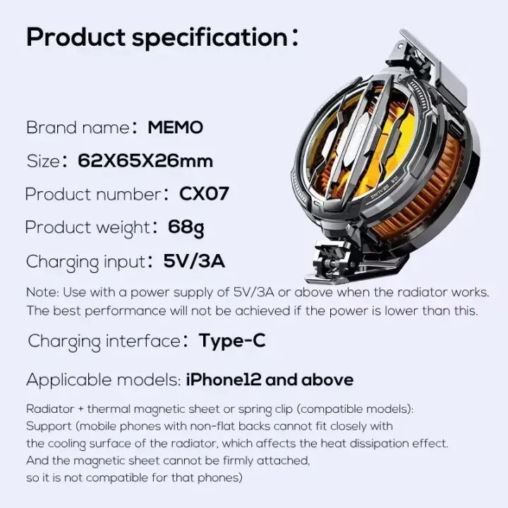 MEMO CX07 Mobile Cooling Fan | Magnetic USB Gaming Cooler | Fast & Silent | Android & iPhone